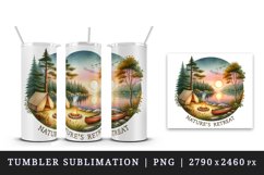 Watercolor lakeside camping sunset tent campfire Nature Retreat quote print 20 oz tumbler skinny mug wrap clipart t-shirt sublimation printable design