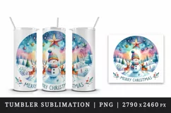 Watercolor landscape snowman reindeers star round Merry Christmas quote print tumbler skinny mug wrap clipart t-shirt sublimation printable design