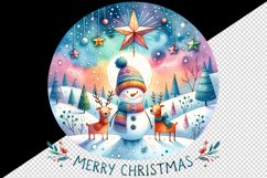 Watercolor landscape snowman reindeers star round Merry Christmas quote print tumbler skinny mug wrap clipart t-shirt sublimation printable design