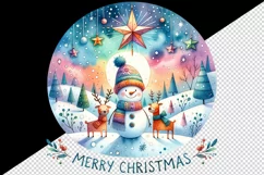 Watercolor landscape snowman reindeers star round Merry Christmas quote print tumbler skinny mug wrap clipart t-shirt sublimation printable design