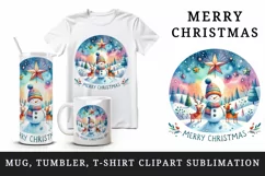 Watercolor landscape snowman reindeers star round Merry Christmas quote print tumbler skinny mug wrap clipart t-shirt sublimation printable design