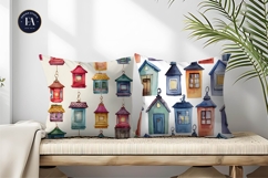 Watercolor Lanterns Shaped as Tiny Houses Digital Paper Product Image 2