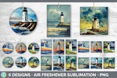 Bundle of six Watercolor Lighthouse car air freshener sublimation designs.