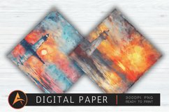 Watercolor Lighthouse Beach Sunset Digital Paper Product Image 1