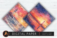 Watercolor Lighthouse Beach Sunset Digital Paper Product Image 1