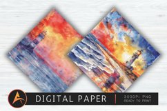 Watercolor Lighthouse Beach Sunset Digital Paper Product Image 1