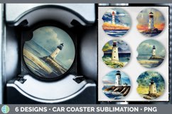 Bundle of six Watercolor Lighthouse car coaster sublimation designs.