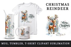 Watercolor lively reindeer lights in antlers Merry Christmas quote print 20 oz tumbler skinny mug wrap clipart t-shirt sublimation printable design
