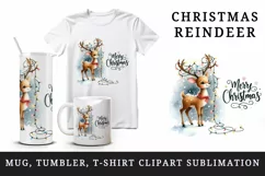 Watercolor lively reindeer lights in antlers Merry Christmas quote print 20 oz tumbler skinny mug wrap clipart t-shirt sublimation printable design
