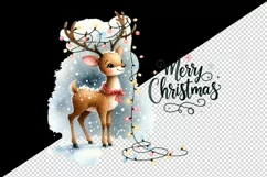 Watercolor lively reindeer lights in antlers Merry Christmas quote print 20 oz tumbler skinny mug wrap clipart t-shirt sublimation printable design