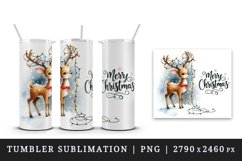 Watercolor lively reindeer lights in antlers Merry Christmas quote print 20 oz tumbler skinny mug wrap clipart t-shirt sublimation printable design