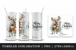 Watercolor lively reindeer lights in antlers Merry Christmas quote print 20 oz tumbler skinny mug wrap clipart t-shirt sublimation printable design