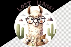 Watercolor llama glasses travel map Lost Llama funny quote cute animal print 20oz tumbler skinny mug wrap clipart t-shirt sublimation printable design