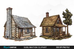Watercolor Log Cabin PNG Set Clipart Product Image 1