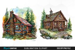 Watercolor Log Cabin PNG Set Clipart Product Image 1