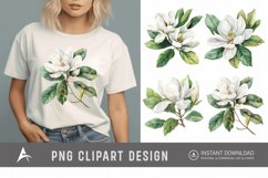 Watercolor Magnolia large white petals green leaves Clipart Product Image 1