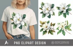 Watercolor Magnolia large white petals green leaves Clipart Product Image 1