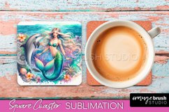 Watercolor Mermaid Square Coaster Sublimation Design Product Image 1