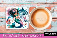 Watercolor Mermaid Square Coaster Sublimation Design Product Image 1