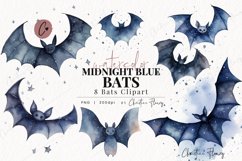 Watercolor Midnight Blue Bats Clipart Product Image 1