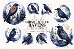 Watercolor Midnight Blue Ravens Clipart Product Image 1