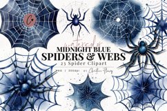 Watercolor Midnight Blue Spiders &amp; Webs Clipart Product Image 1