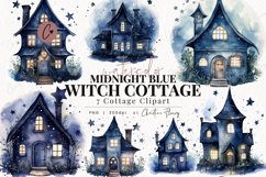 Watercolor Midnight Blue Witch Cottage Clipart Product Image 1