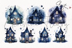 Watercolor Midnight Blue Witch Cottage Clipart Product Image 4