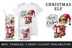 Watercolor mischievous elf holding gift box Merry Christmas quote print 20 oz tumbler skinny mug wrap clipart t-shirt sublimation printable design