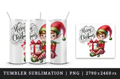 Watercolor mischievous elf holding gift box Merry Christmas quote print 20 oz tumbler skinny mug wrap clipart t-shirt sublimation printable design