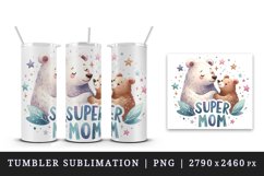 Watercolor mother bear cub sharing moment stars Super Mom quote print 20 oz tumbler skinny mug wrap clipart t-shirt sublimation printable design