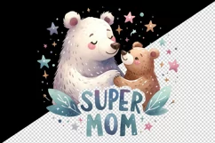 Watercolor mother bear cub sharing moment stars Super Mom quote print 20 oz tumbler skinny mug wrap clipart t-shirt sublimation printable design
