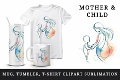 Watercolor mother child silhouette holding hands outline Mother Day print 20 oz tumbler skinny mug wrap clipart t-shirt sublimation printable design