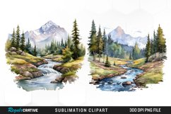 Watercolor Mountain Creek Landscape Graphic Clipart Product Image 1