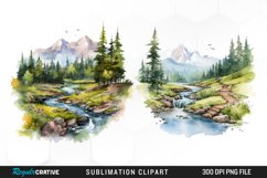 Watercolor Mountain Creek Landscape Graphic Clipart Product Image 1