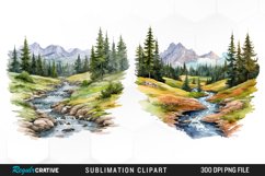 Watercolor Mountain Creek Landscape Graphic Clipart Product Image 1