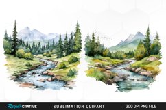 Watercolor Mountain Creek Landscape Graphic Clipart Product Image 1