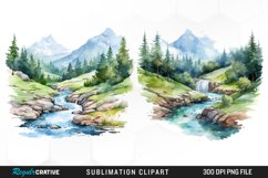 Watercolor Mountain Creek Landscape Graphic Clipart Product Image 1