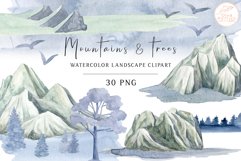 Watercolor Mountains Clipart. Winter Forest Landscape PNG Product Image 1