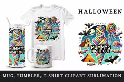 Watercolor mummy pyramid bats candy Mummy Night Out Halloween circular print 20oz tumbler skinny mug wrap clipart t-shirt sublimation printable design