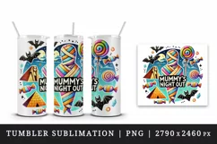 Watercolor mummy pyramid bats candy Mummy Night Out Halloween circular print 20oz tumbler skinny mug wrap clipart t-shirt sublimation printable design