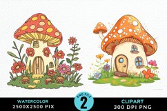 Watercolor Mushroom House PNG Set Clipart Product Image 1