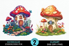Watercolor Mushroom House PNG Set Clipart Product Image 1
