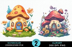 Watercolor Mushroom House PNG Set Clipart Product Image 1