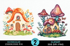 Watercolor Mushroom House PNG Set Clipart Product Image 1