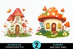 Watercolor Mushroom House PNG Set Clipart Product Image 1