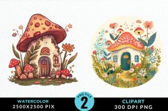 Watercolor Mushroom House PNG Set Clipart Product Image 1