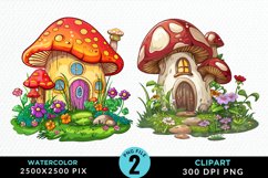 Watercolor Mushroom House PNG Set Clipart Product Image 1