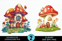Watercolor Mushroom House PNG Set Clipart Product Image 1