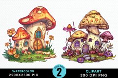 Watercolor Mushroom House PNG Set Clipart Product Image 1